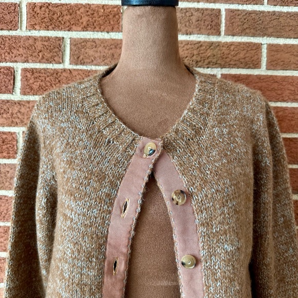 Josa 100% Alpaca Knit Button Up Cardigan Sweater Brown Beige Crew, Size 2 - Picture 2 of 15